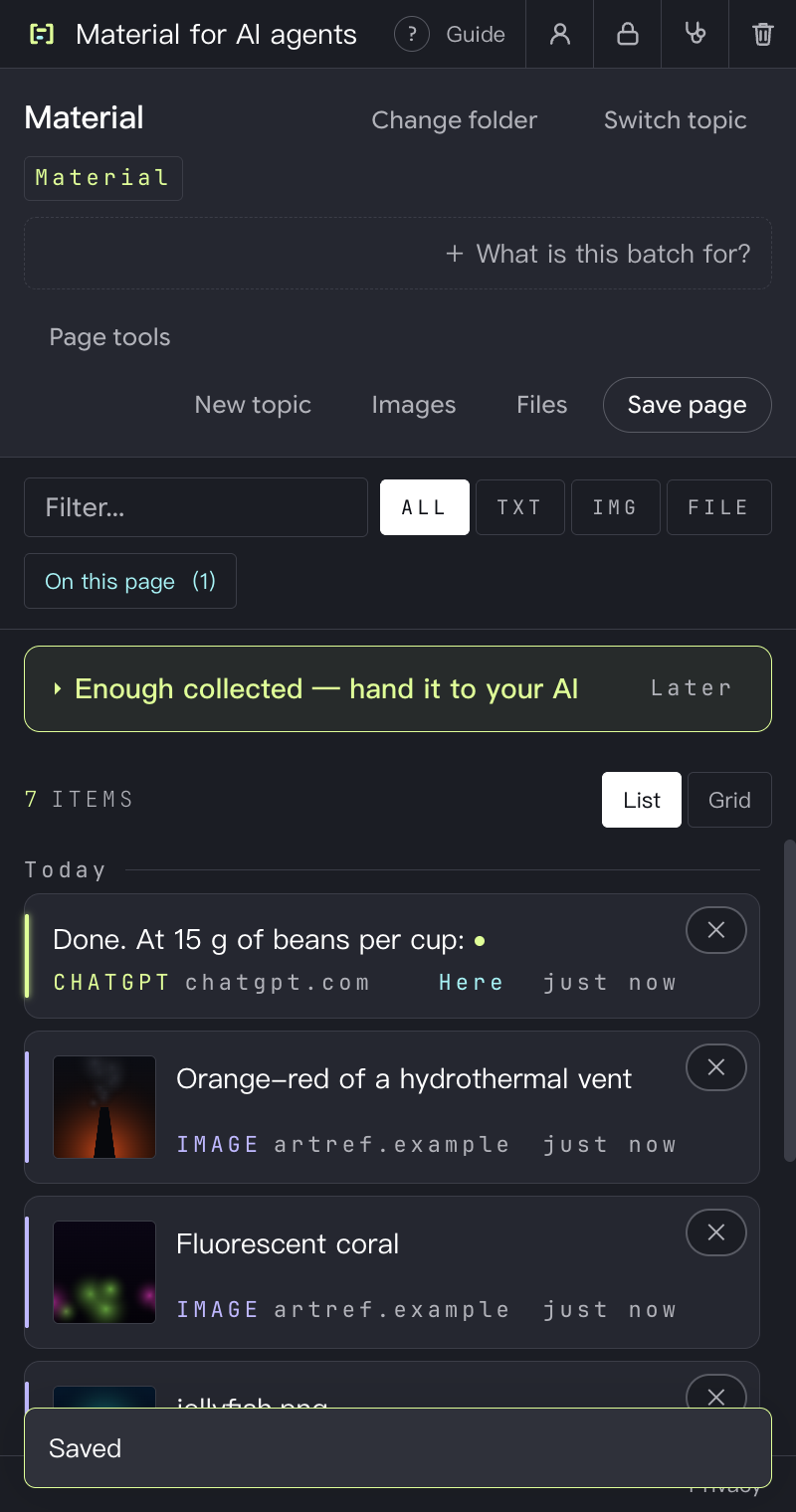 The side panel list: a ChatGPT reply just saved sits at the top, with saved images below and a “Saved” notice at the bottom